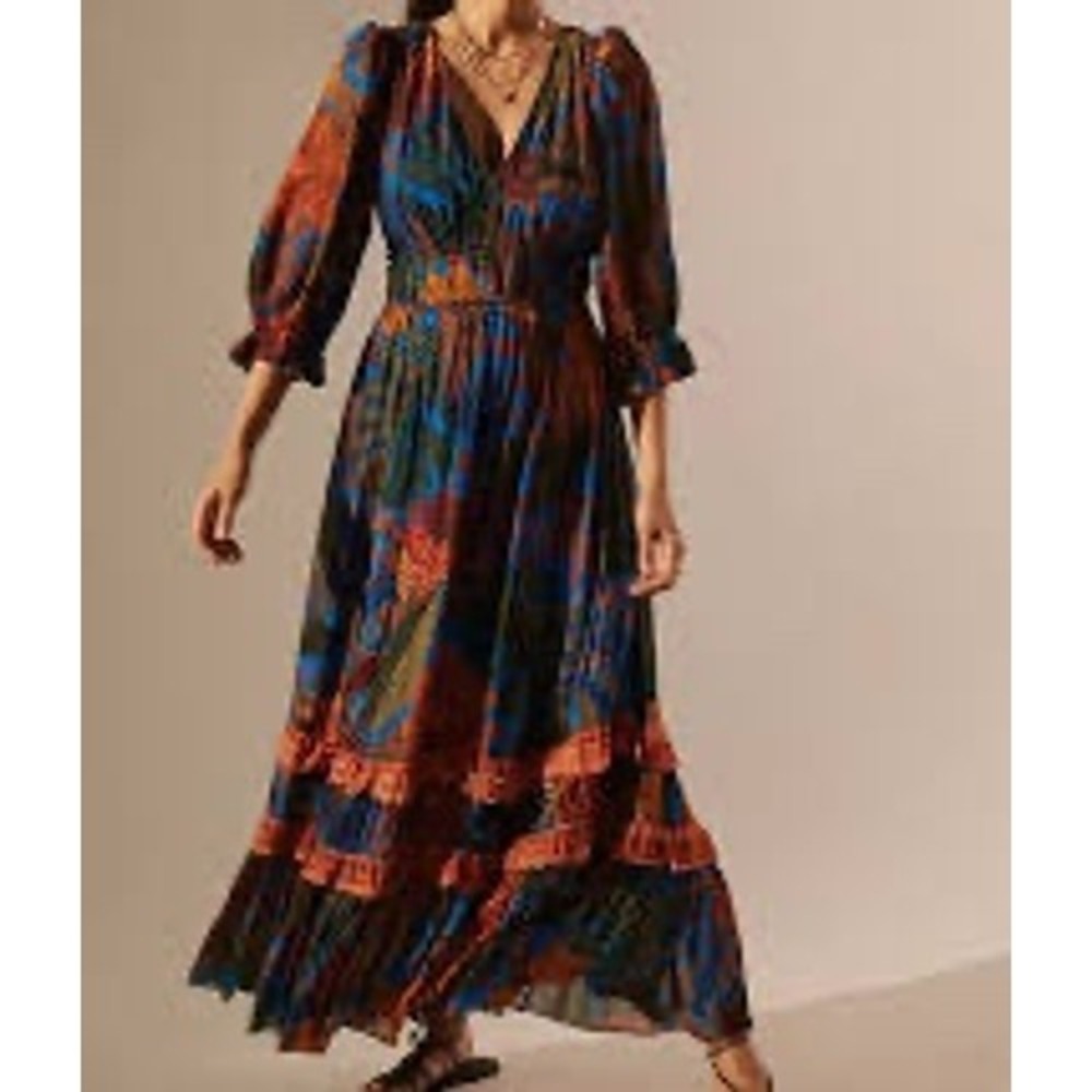 Farm Rio Puff Sleeve Maxi Dress Womens Size M Blue Tropical Tiered Ruffle Boho